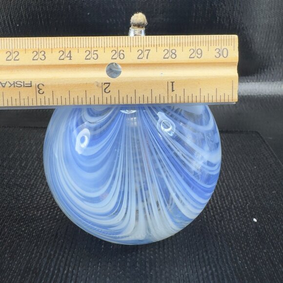 Vintage Pulled Feather Art Glass Oil Lamp Container Orb Blue White Dot Container - Picture 3 of 11